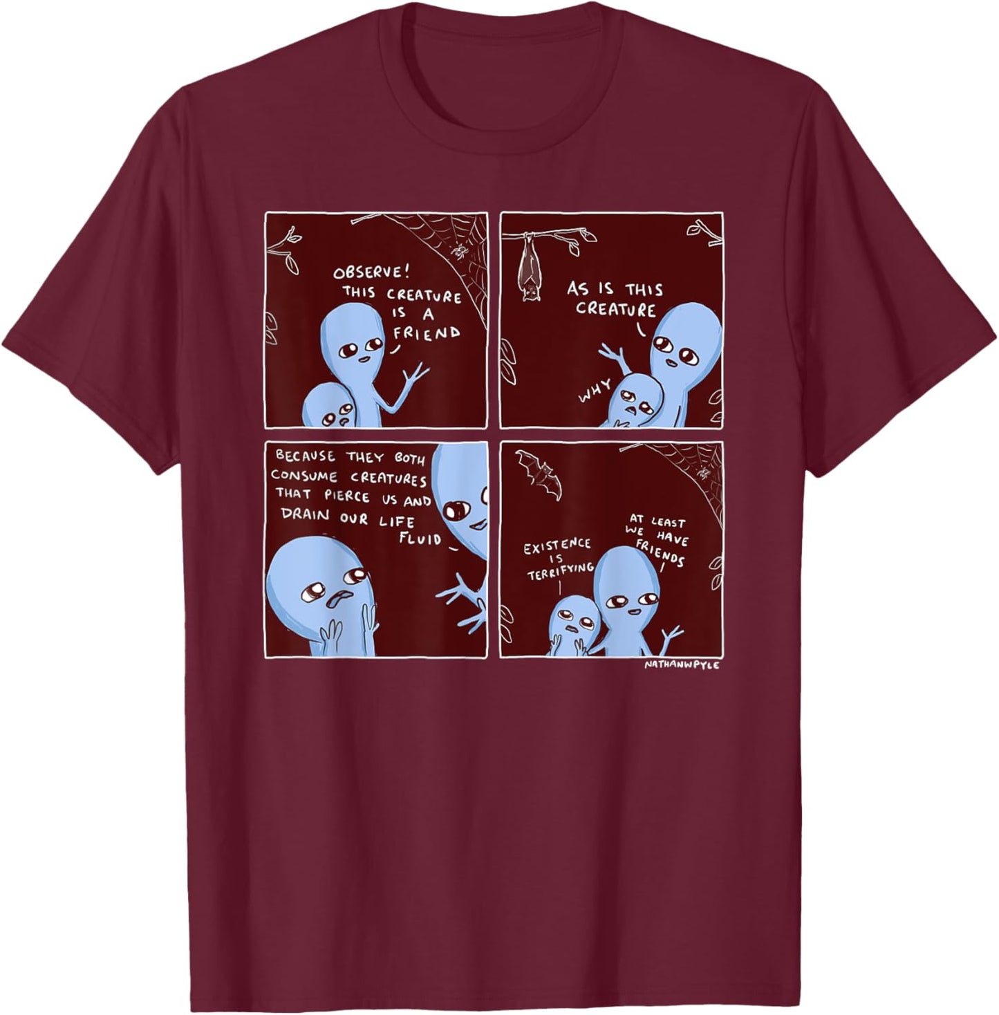 Threadless Nathan W. Pyle Strange Planet Existence Graphic T-Shirt - T-Shirt | Maroon