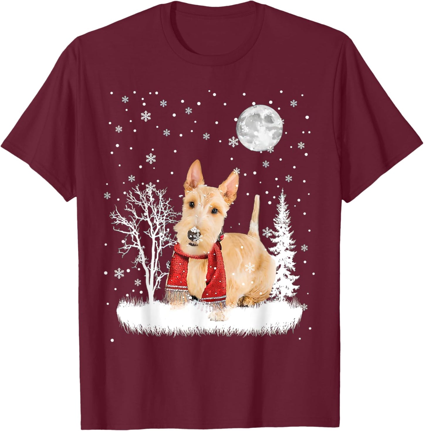 Scottish Terrier Under Moonlight Snow Christmas Pajama T-Shirt - T-Shirt | Maroon