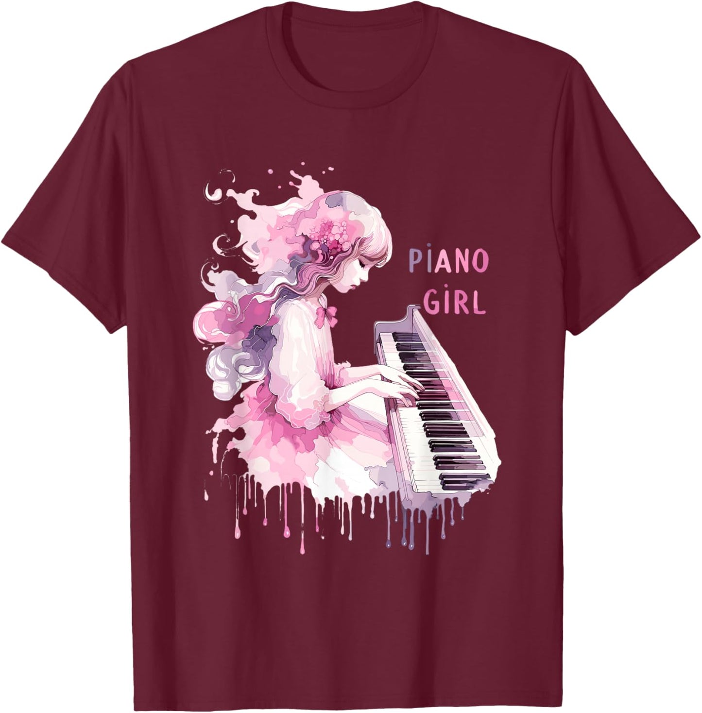 Cute Watercolor Piano Girl Pianist Keyboard Musician Music T-Shirt - T-Shirt | Maroon