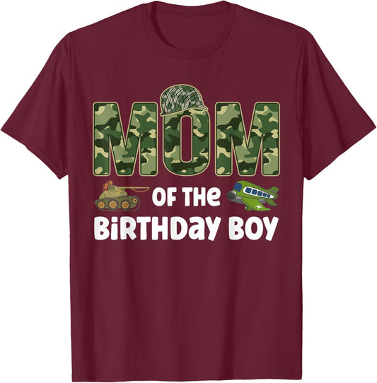 Mom of the Birthday Boy Army Camouflage Birthday Party T-Shirt - T-Shirt | Maroon