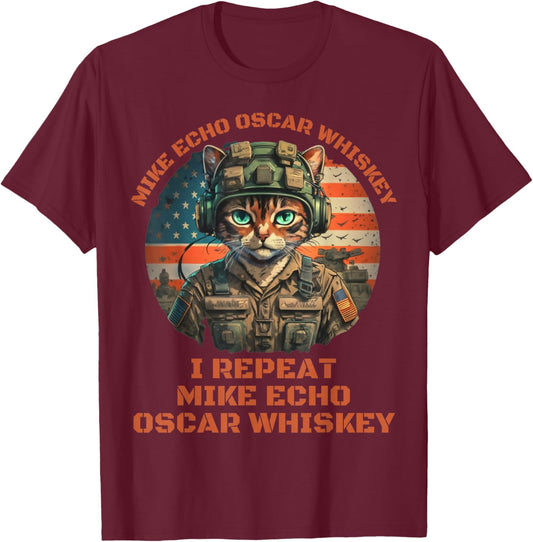 Funny Cat Military Mike Echo Oscar Foxtrot MEOW T-Shirt - T-Shirt | Maroon