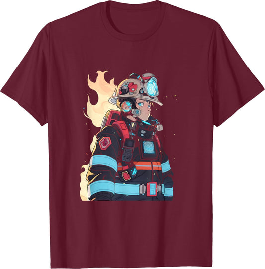 Anime Firefighter Fireman Cyberpunk Japanese Otaku T-Shirt - T-Shirt | Maroon