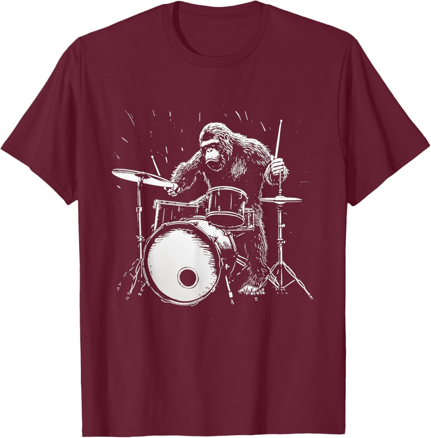 Bigfoot Drums Funny Gorilla Monkey Drummer T-Shirt - T-Shirt | Maroon