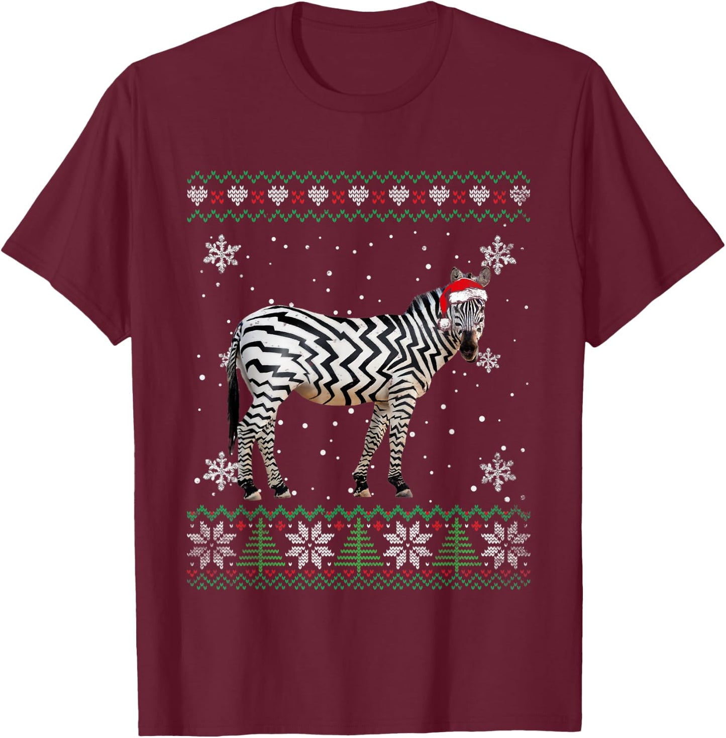 Santa Zebra Ugly Sweater Animals Christmas Pajama T-Shirt - T-Shirt | Maroon