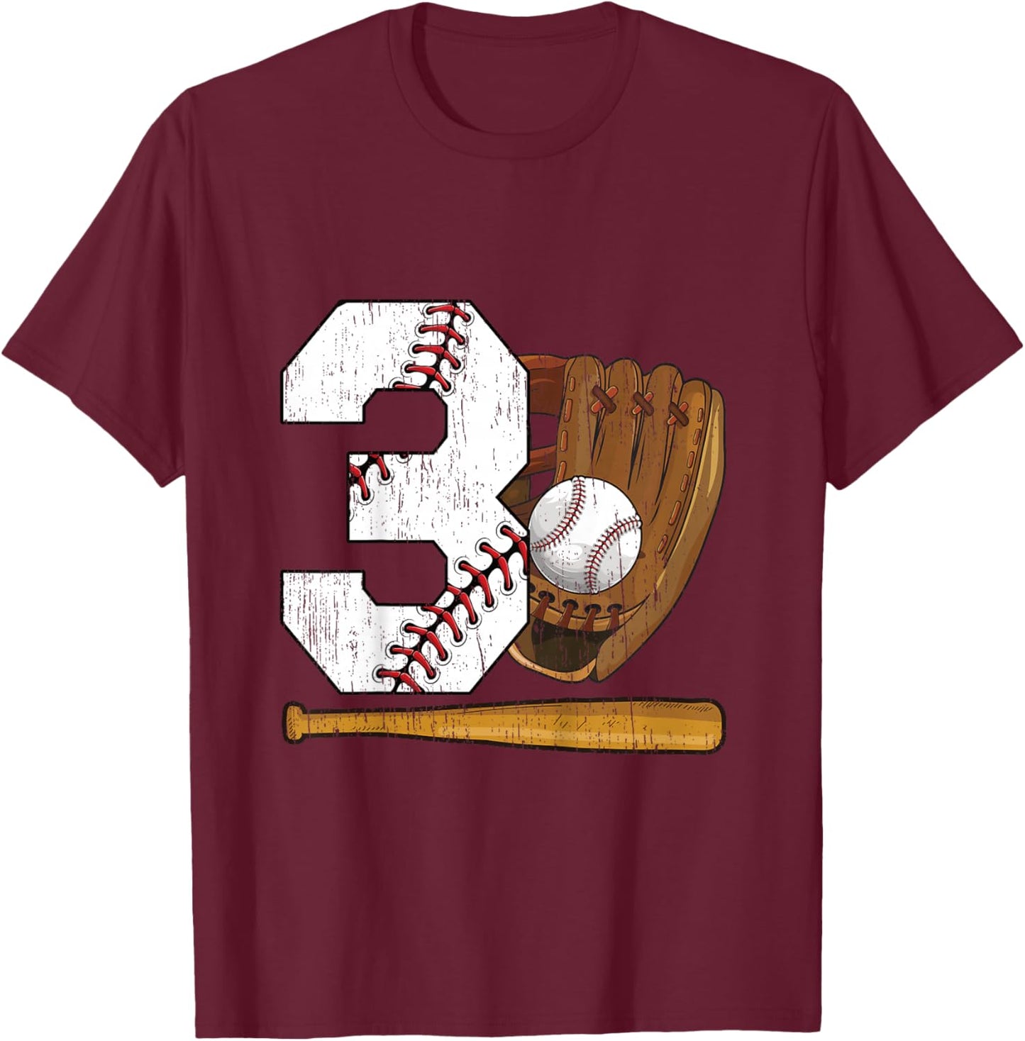 Kids 3rd Birthday Baseball Boy Three Year Old Baseball Player T-Shirt - T-Shirt | Maroon