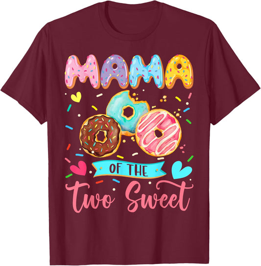 Mama Of The Two Sweet 2Nd Birthday Girl Donut Matching T-Shirt - T-Shirt | Maroon