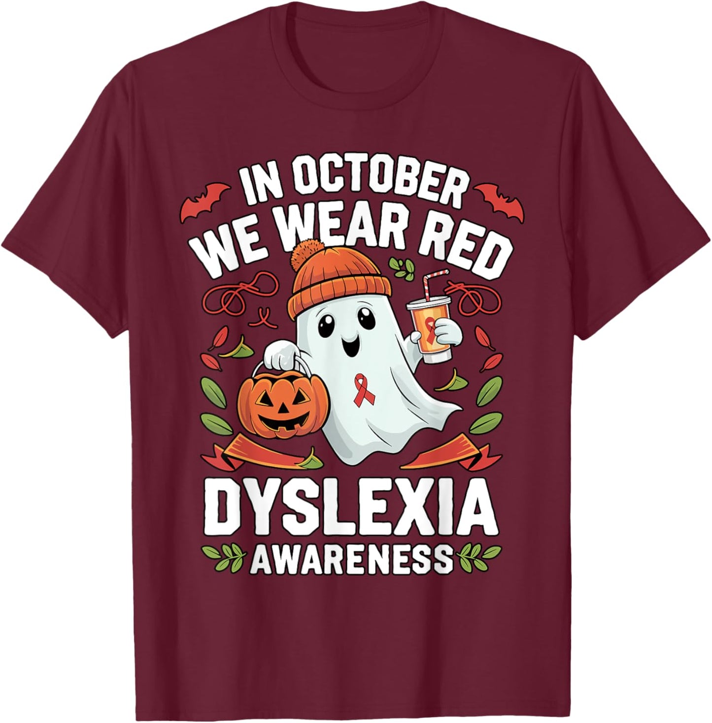 Awareness Ribbon October Wear Red Dyslexia Awareness Ghost T-Shirt - T-Shirt | Maroon