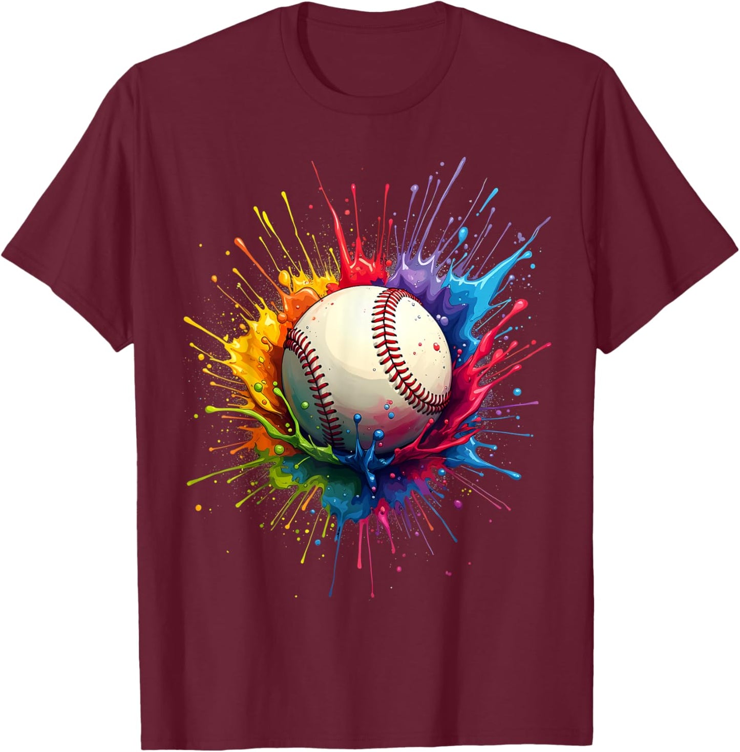 Baseball Player Color Art Colorful Tie Dye Paint Splatter T-Shirt - T-Shirt | Maroon