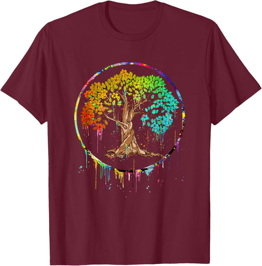 Colorful Tree Life is Really Good Tree Art Watercolor Circle T-Shirt - T-Shirt | Maroon