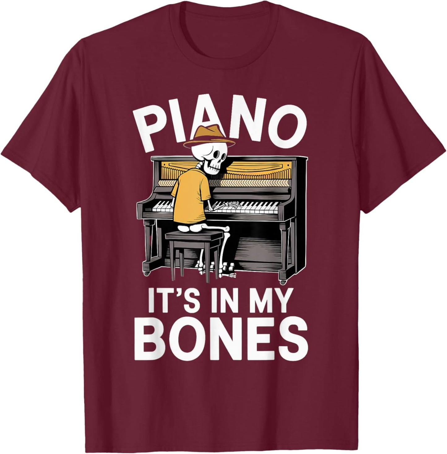 Funny Pianist Skeleton Playing Piano T-Shirt - T-Shirt | Maroon
