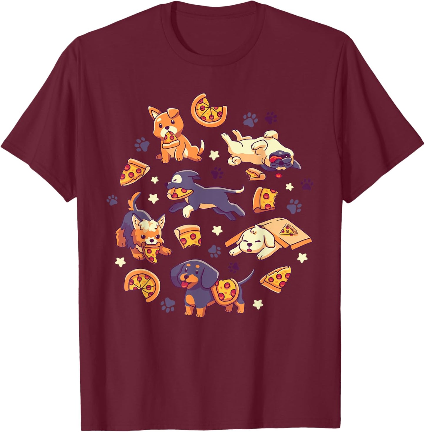 Pupperoni Pizza - Cute Puppy Dogs with Fast Food - Kawaii T-Shirt - T-Shirt | Maroon