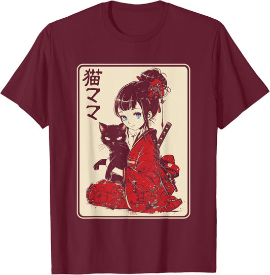 Japanese Gothic Kawaii Anime Samurai Cat Mom Woman Girls T-Shirt - T-Shirt | Maroon