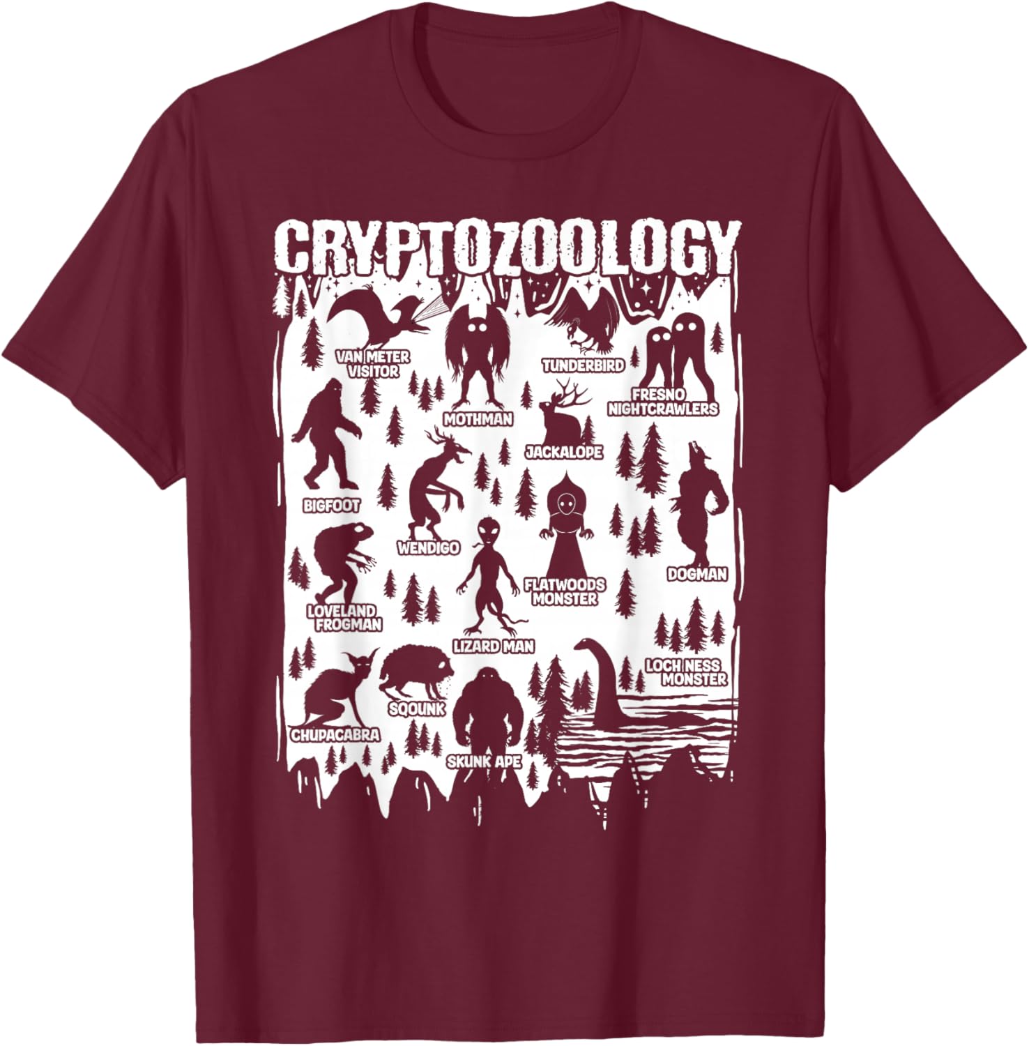 Cryptozoology Cryptid Bigfoot Mothman Dogman Other Monsters T-Shirt - T-Shirt | Maroon