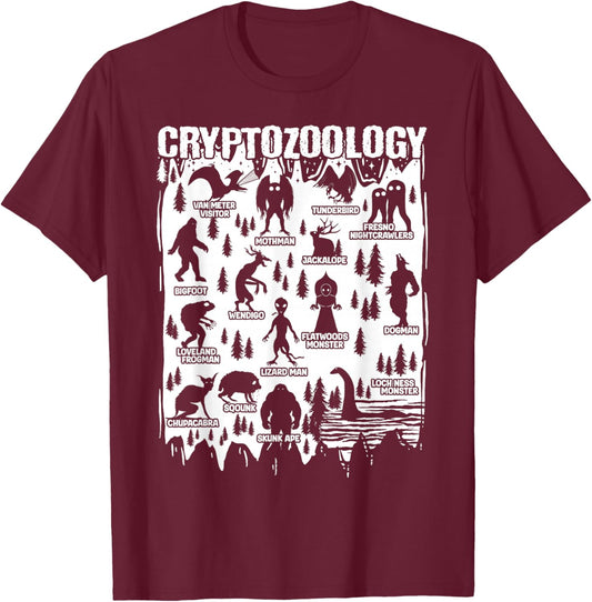 Cryptozoology Cryptid Bigfoot Mothman Dogman Other Monsters T-Shirt - T-Shirt | Maroon