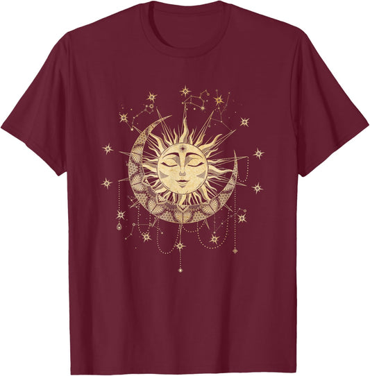 Magische Geometrie Mandala Sonne mit Mond Sternen Okkultes für Erwachsene, , Schwarz, S T-Shirt - T-Shirt | Maroon