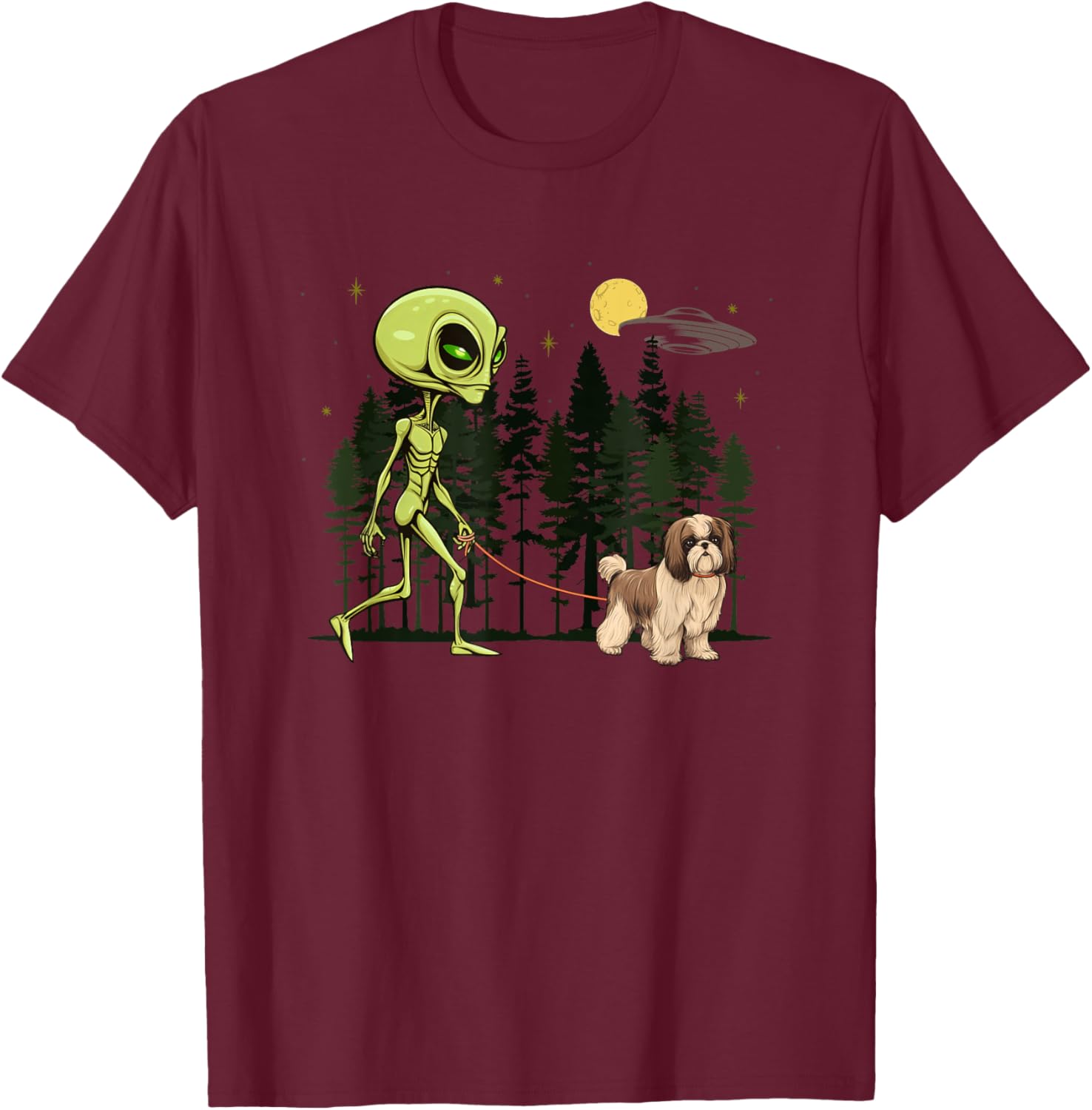 Funny Shih Tzu Alien Walking UFO Pet Dog Mom Dad T-Shirt - T-Shirt | Maroon