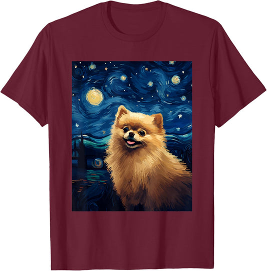 Pomeranian Dog Starry Night Van Gogh Art Lover T-Shirt - T-Shirt | Maroon