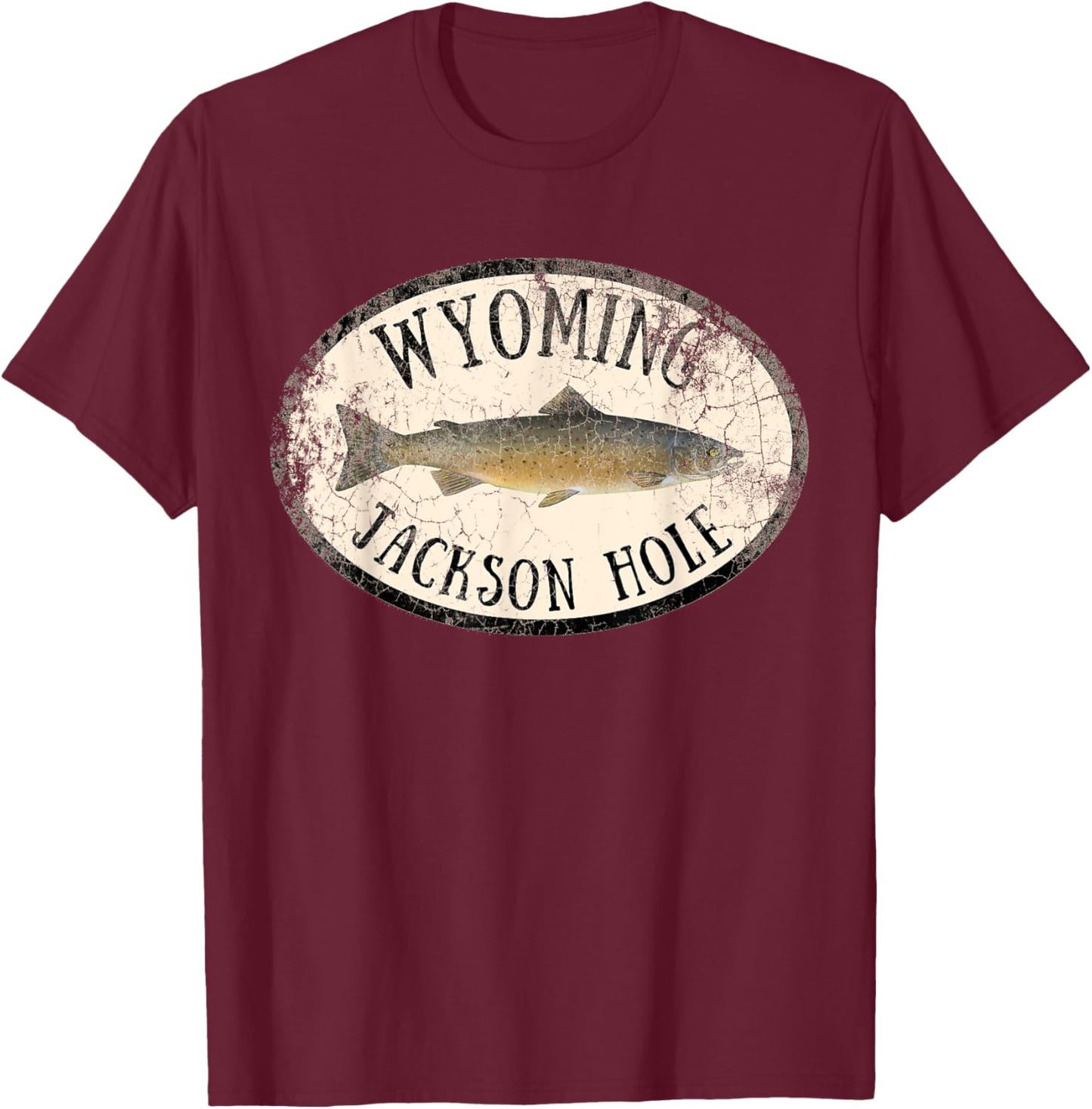 Wyoming Jackson Hole Trout Fish Fly Fishing Vintage T-Shirt - T-Shirt | Maroon