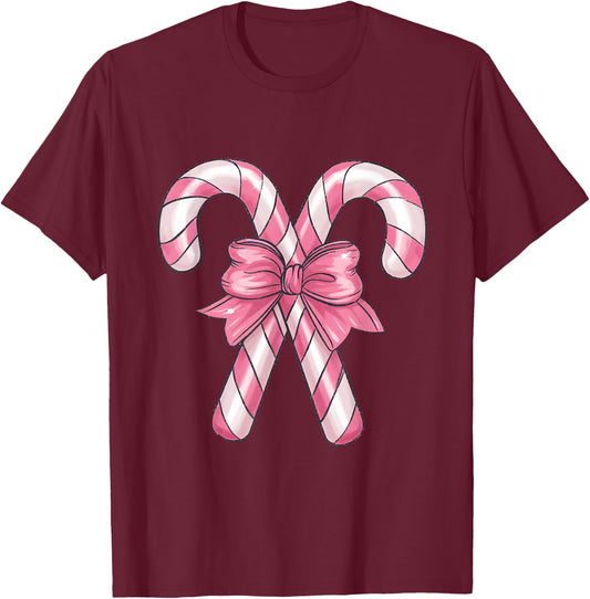 Candy Cane Christmas- Pretty Pink Bow T-Shirt - T-Shirt | Maroon