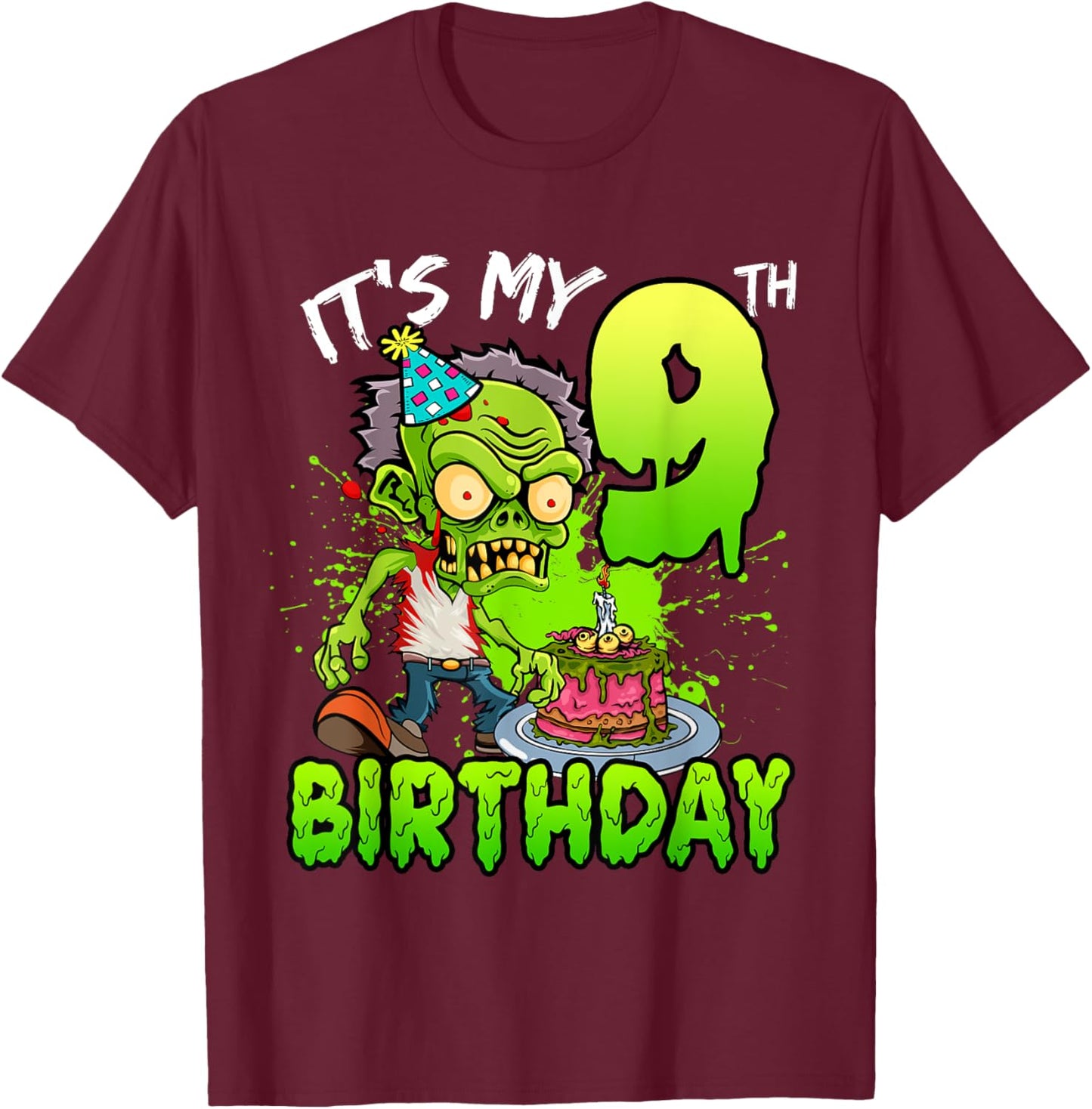 It's My 9th Birthday Zombie Lover 9 Year Old Boys Girls T-Shirt - T-Shirt | Maroon