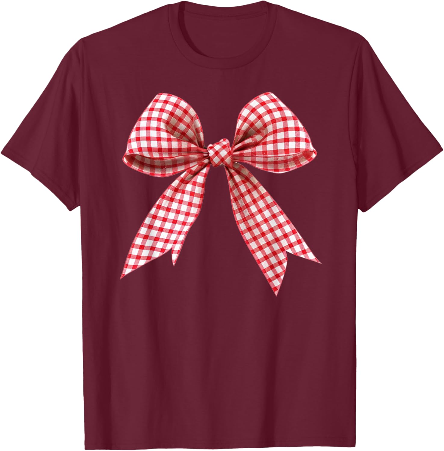 Red Gingham Ribbon Bow Coquette Y2K Aesthetic Trending T-Shirt - T-Shirt | Maroon