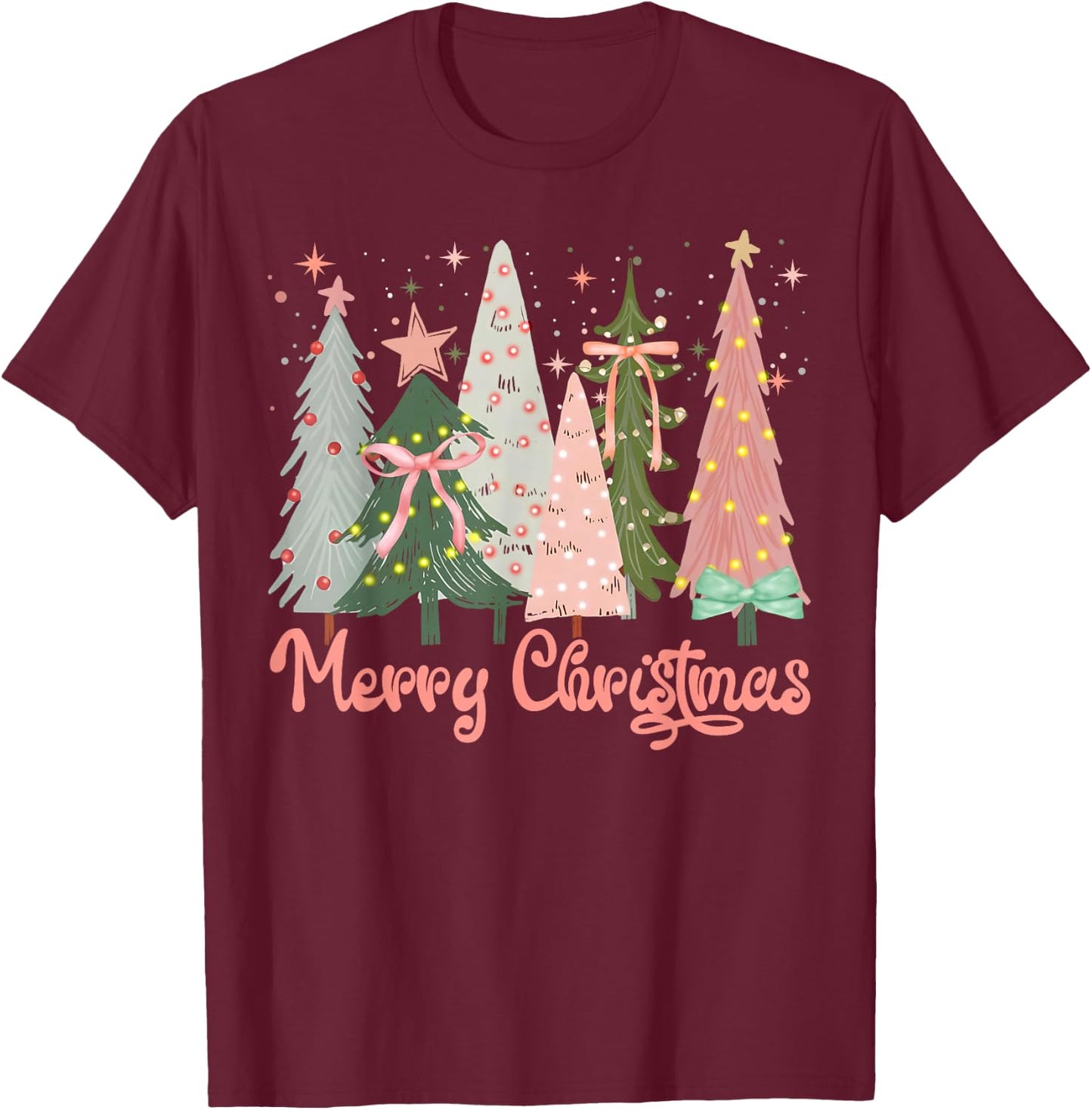 Merry Christmas Tree Boho Xmas Pink Girl Women T-Shirt - T-Shirt | Maroon