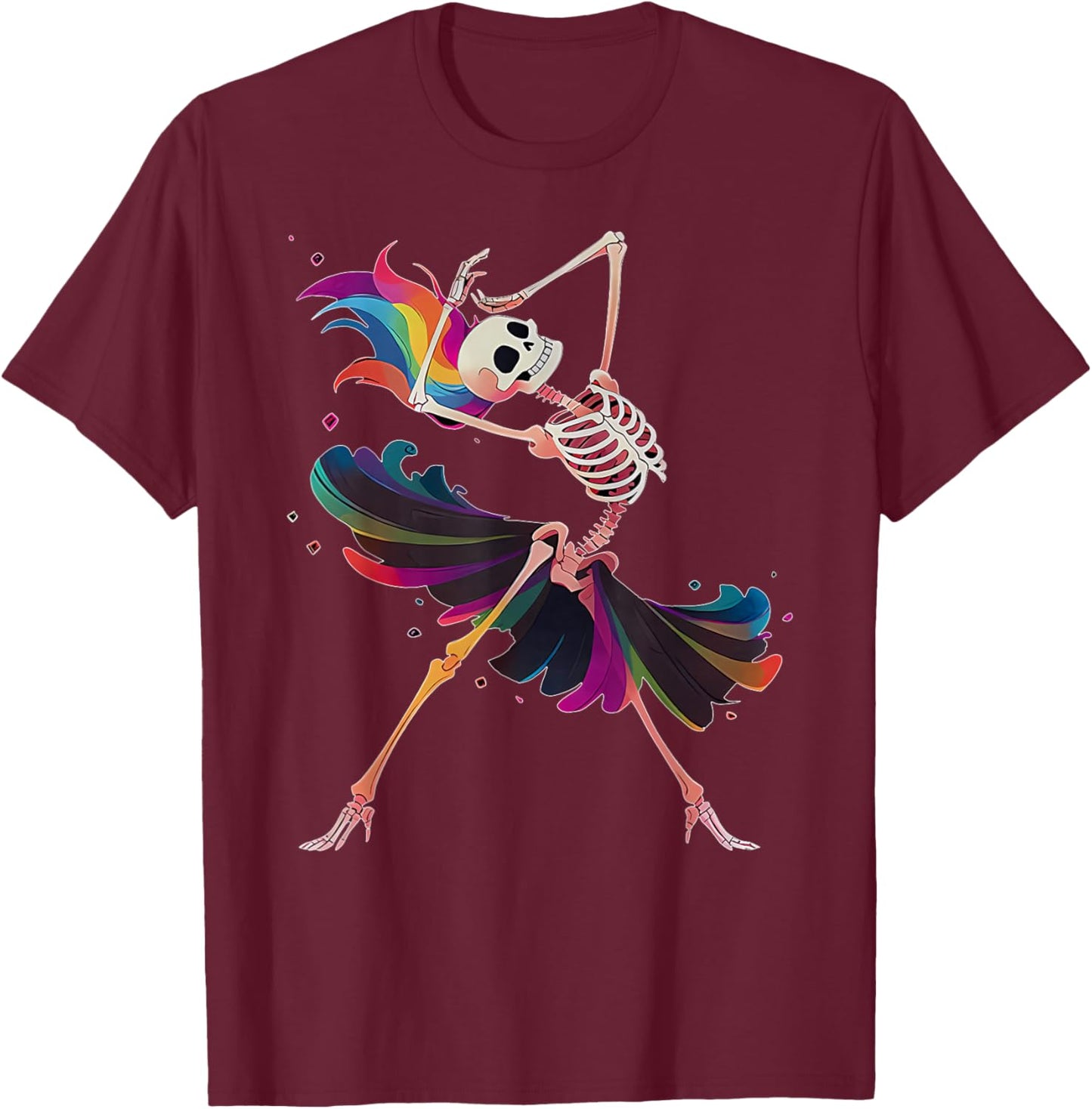 Dancing Skeleton Rainbow Ballerina Halloween T-Shirt - T-Shirt | Maroon