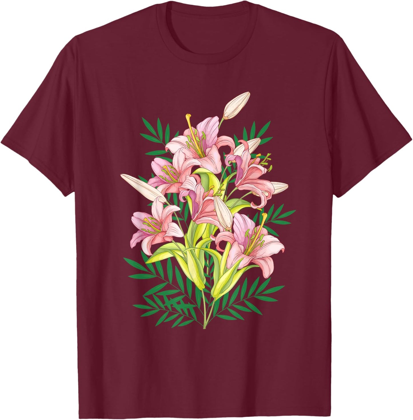 Variety of Lillies Graphic Flower Print Flowered T-Shirt - T-Shirt | Maroon
