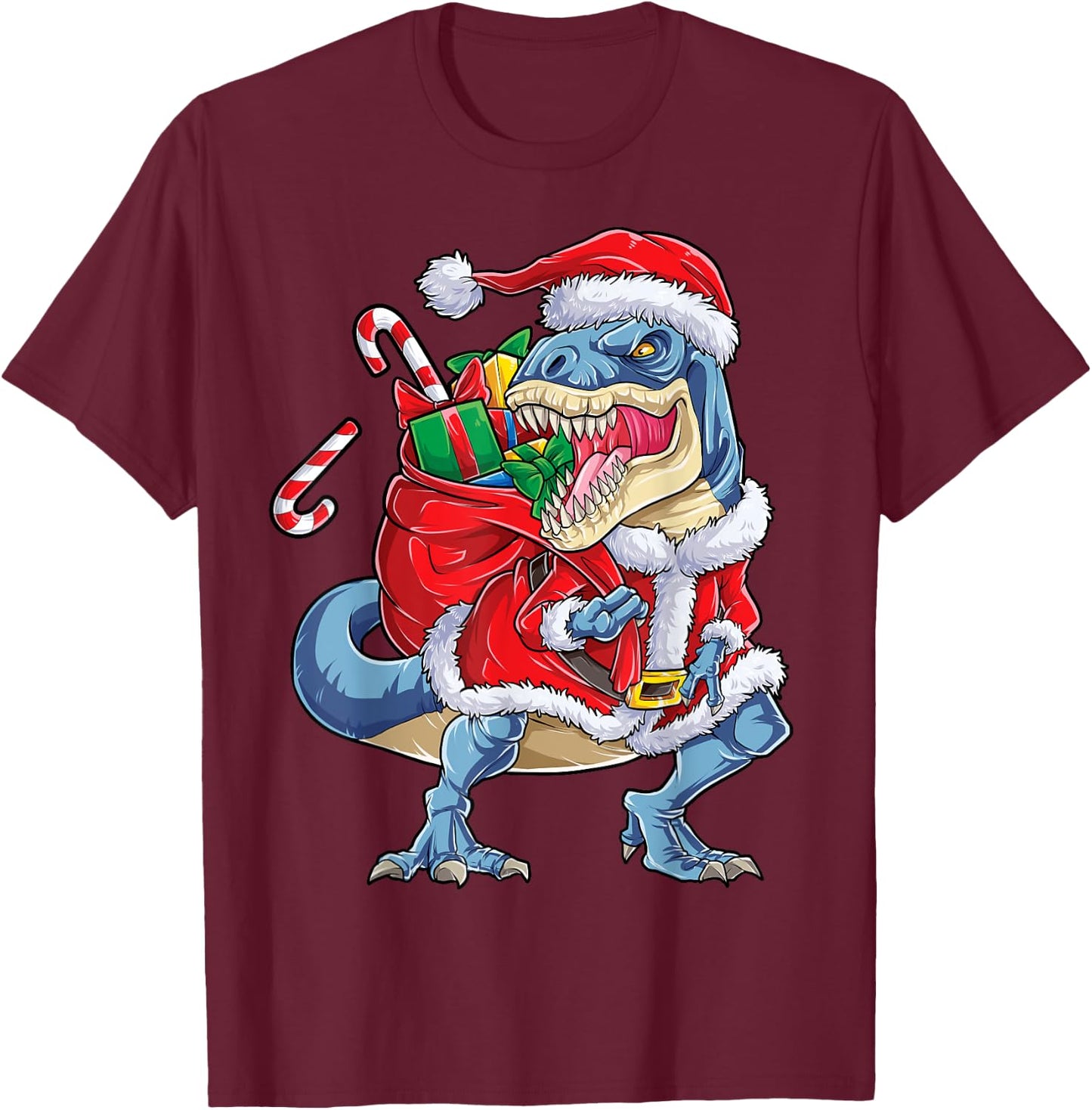 Dinosaur Christmas Santa Claus T-rex Boys Men Funny Xmas T-Shirt - T-Shirt | Maroon