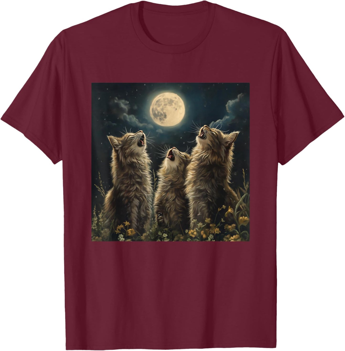 Maine Coon Howl At Moon Cat Lover T-Shirt - T-Shirt | Maroon