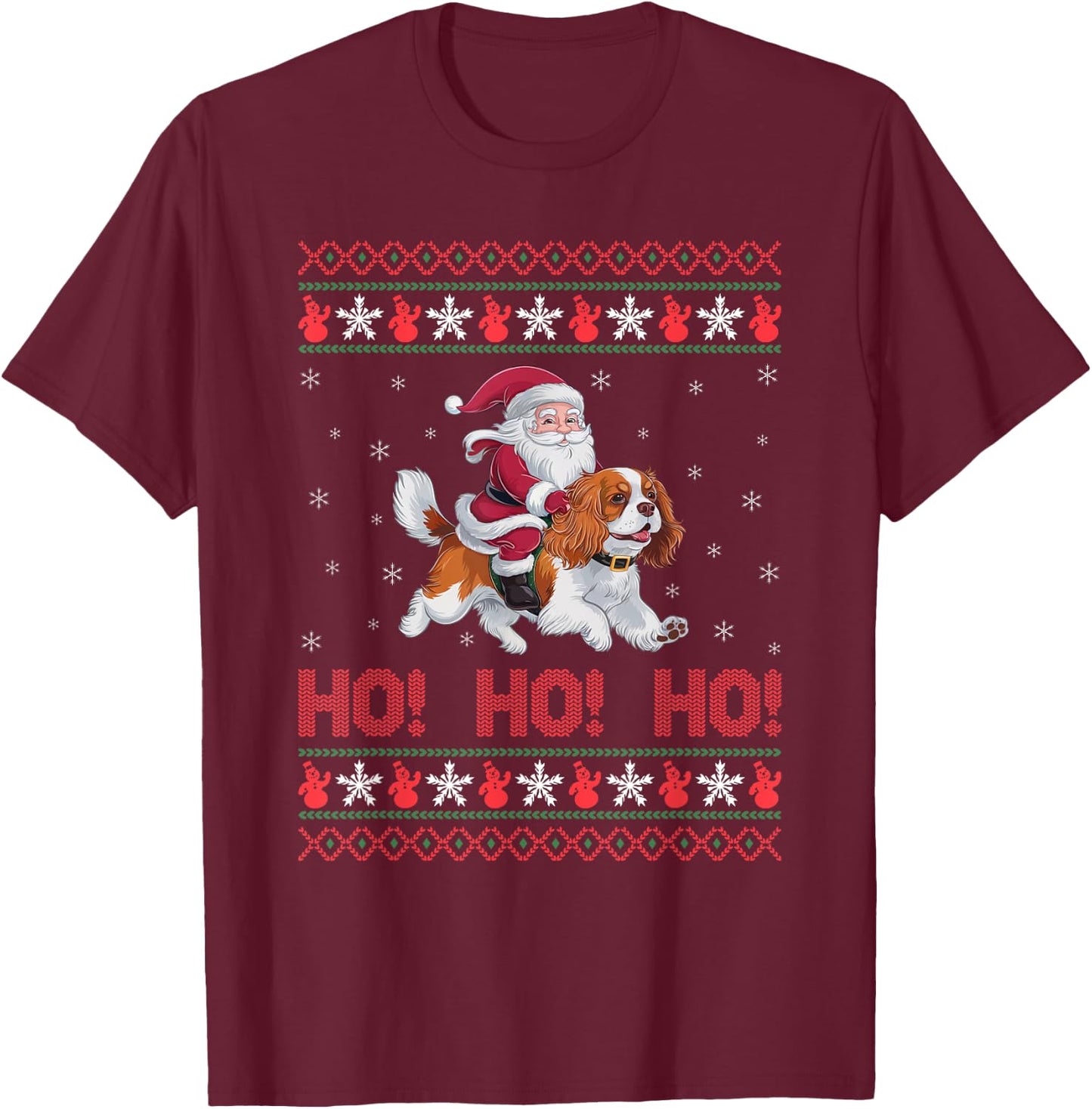 Ho Ho Ho Santa Riding Cavalier King Charles Spaniel Dog Xmas T-Shirt - T-Shirt | Maroon