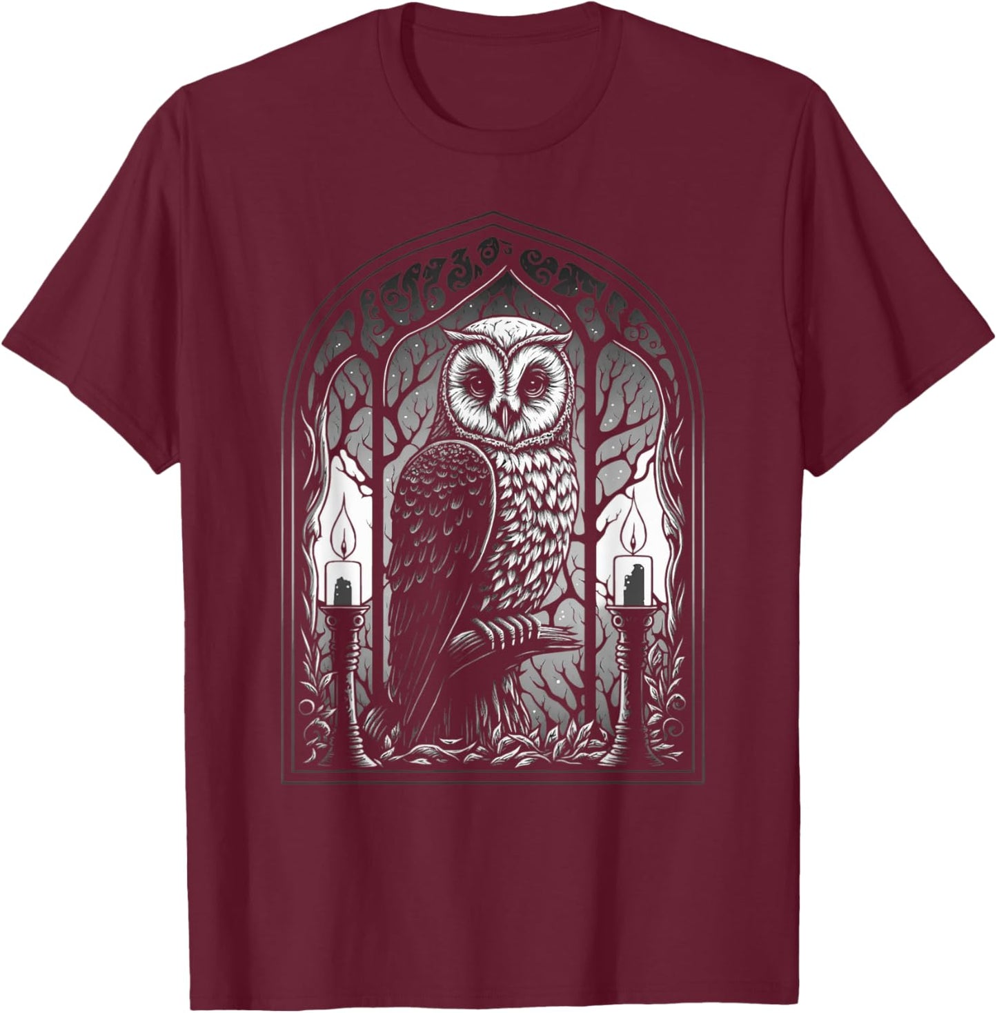 Wiccan Witch Owl With Candle Illustration, Version 2 of 6 T-Shirt - T-Shirt | Maroon