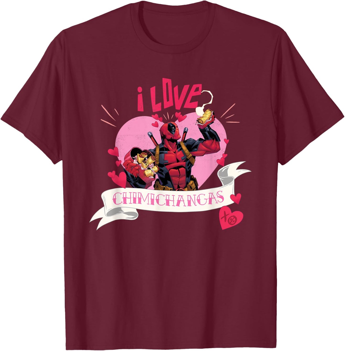 Marvel Valentine’s Day Deadpool Heart I Love Chimichangas T-Shirt - T-Shirt | Maroon