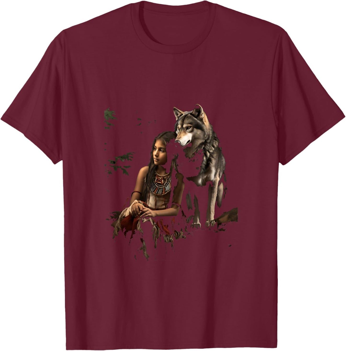 Wolf and Indian Woman Girl Indigenous Ethnic Indians T-Shirt - T-Shirt | Maroon