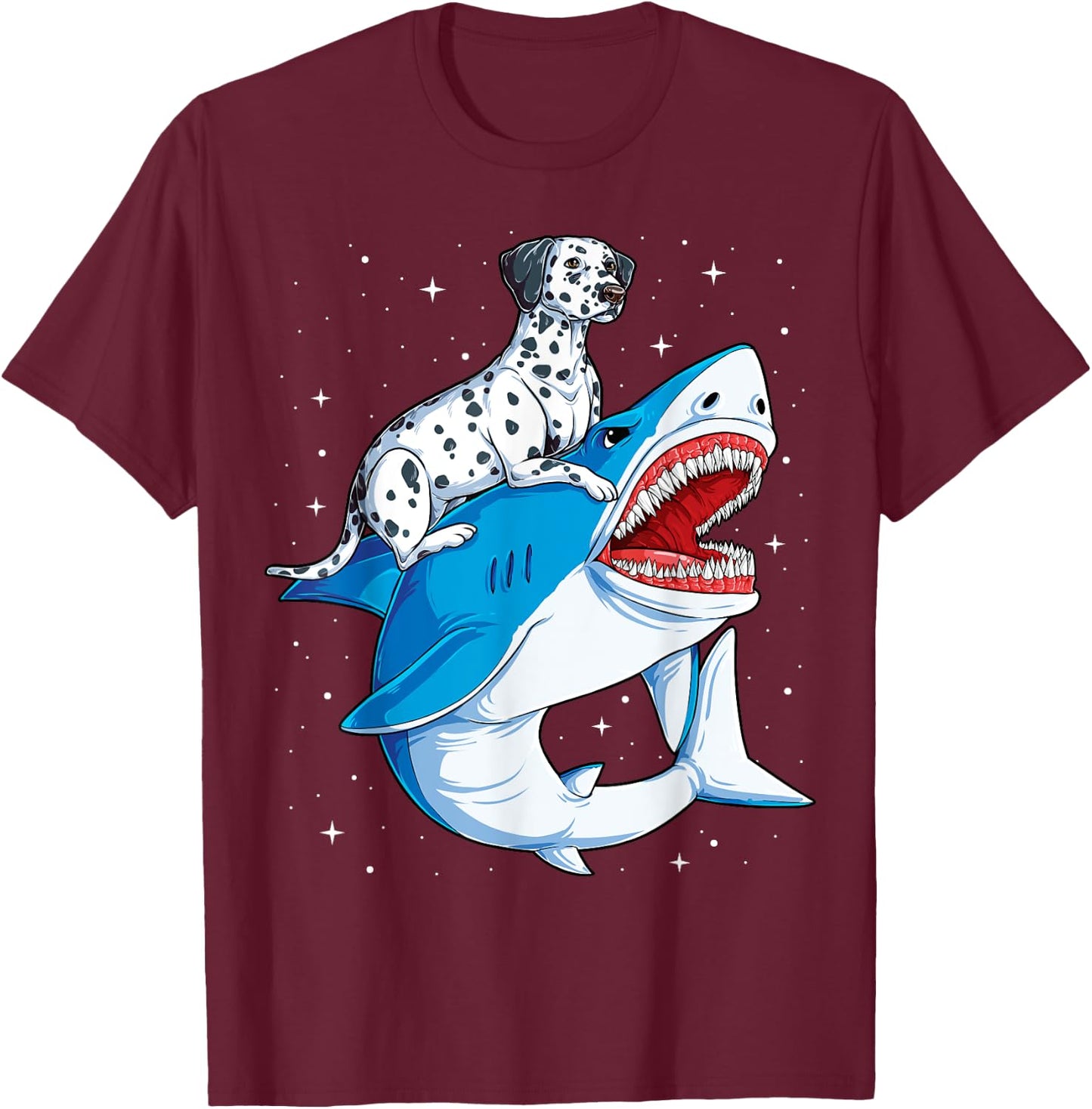 Dalmatian Riding Shark Jawsome Dog Lover Gifts Space Galaxy T-Shirt - T-Shirt | Maroon