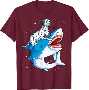 Dalmatian Riding Shark Jawsome Dog Lover Gifts Space Galaxy T-Shirt - T-Shirt | Maroon