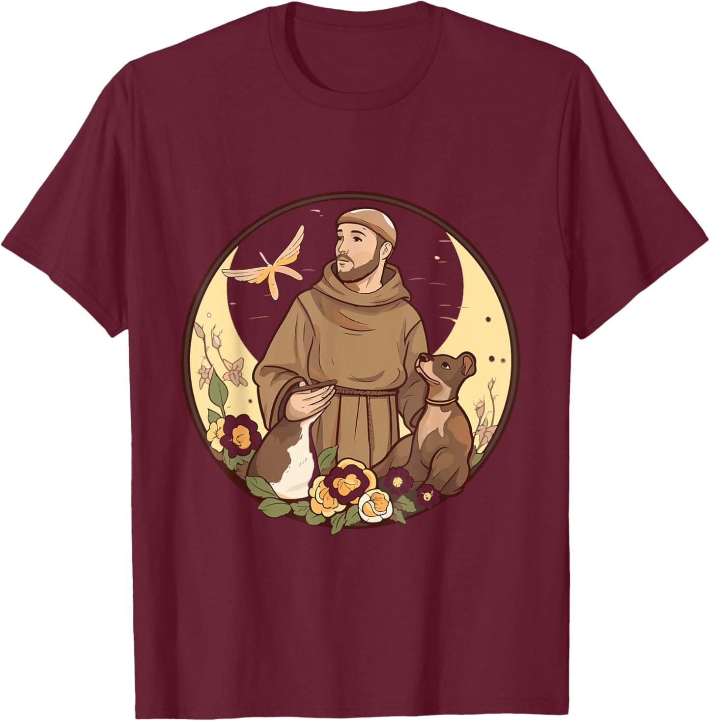 St Francis of Assisi Art Patron Saint of Animals Catholic T-Shirt - T-Shirt | Maroon