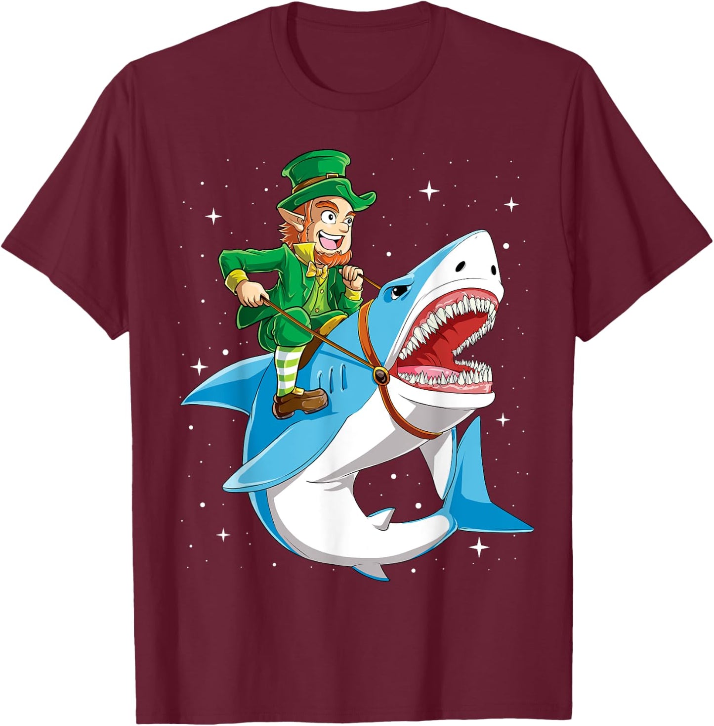 Leprechaun Riding Shark St Patricks Day Boys Girls Men Women T-Shirt - T-Shirt | Maroon