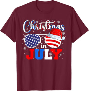 Christmas in July Santa Hat Sunglasses USA Flag 4th of July T-Shirt - T-Shirt | Maroon