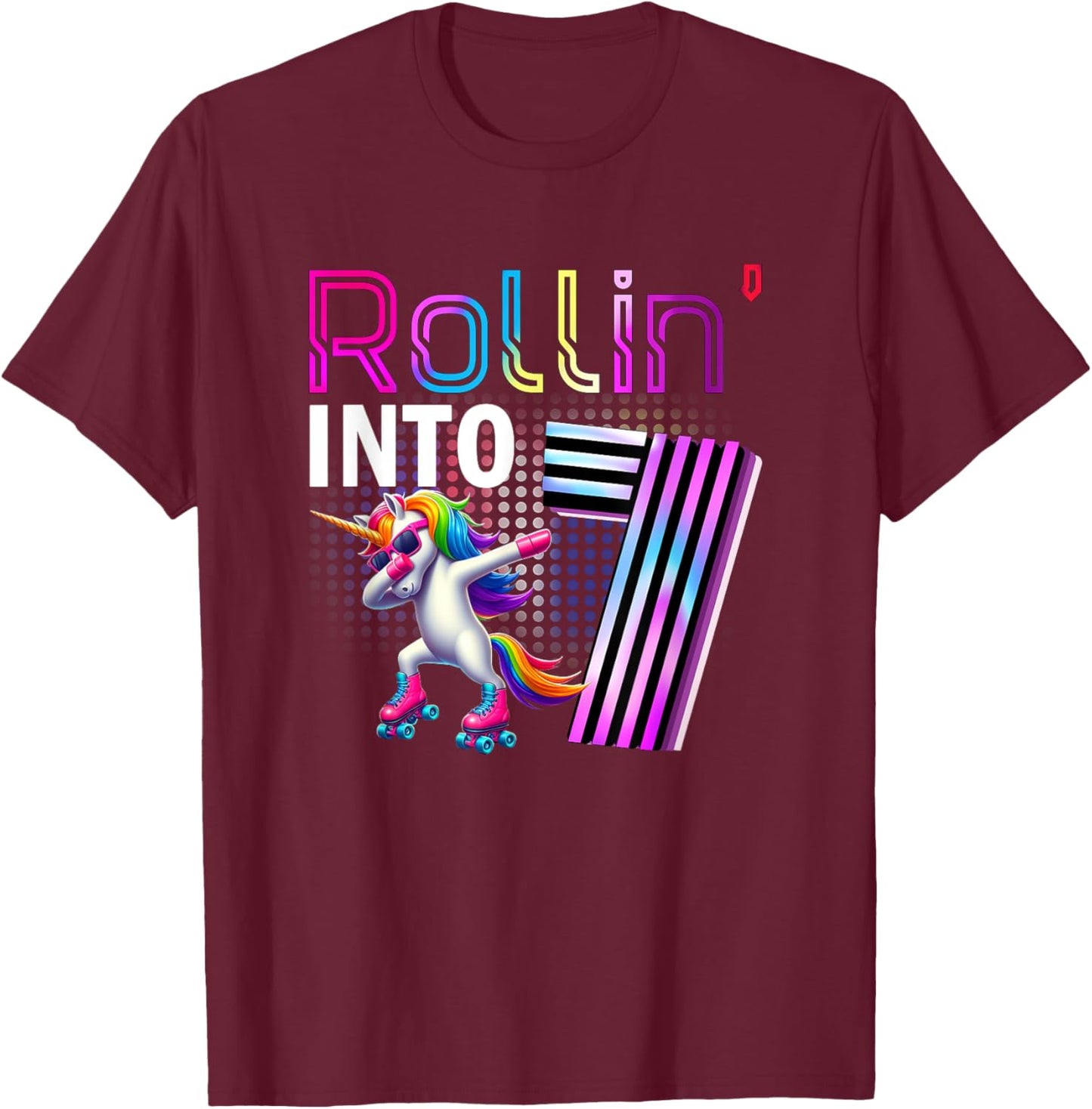 Rollin' into 7 Roller Skating Unicorn 7th Birthday Party T-Shirt - T-Shirt | Maroon