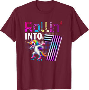 Rollin' into 7 Roller Skating Unicorn 7th Birthday Party T-Shirt - T-Shirt | Maroon