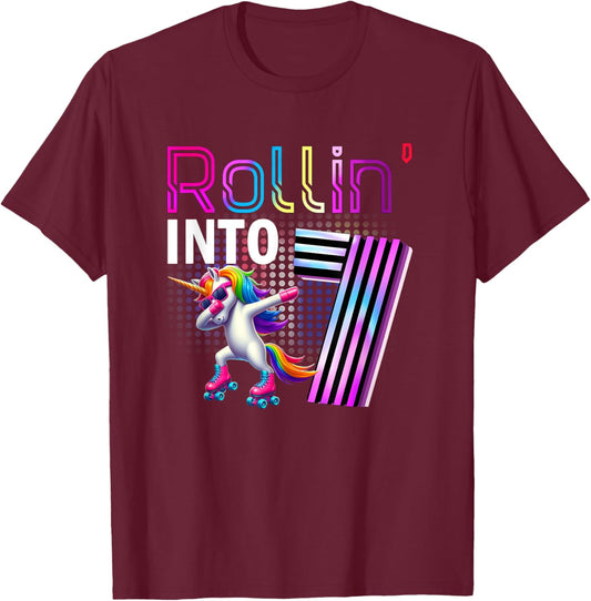 Rollin' into 7 Roller Skating Unicorn 7th Birthday Party T-Shirt - T-Shirt | Maroon