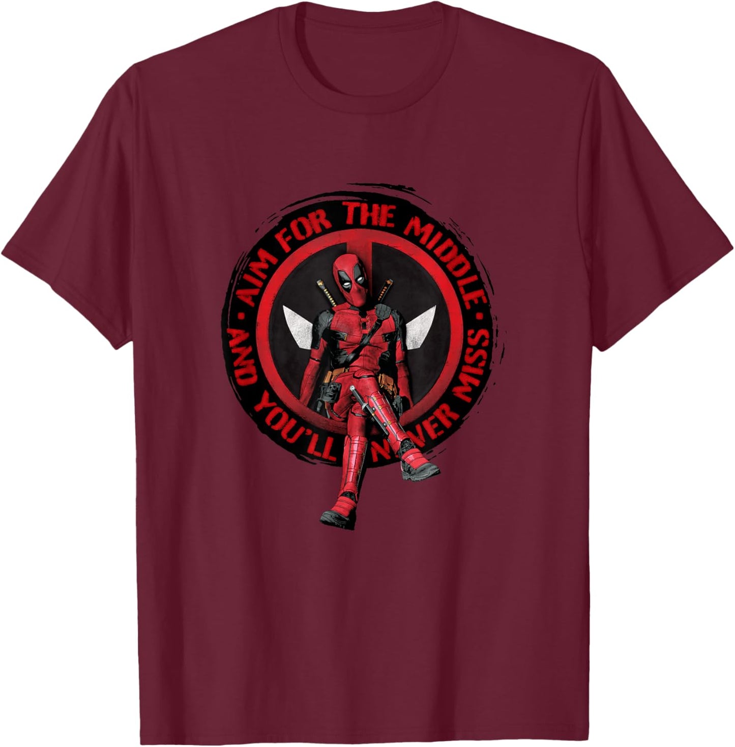 Marvel Studios Deadpool & Wolverine Aim for the Middle Quote T-Shirt - T-Shirt | Maroon