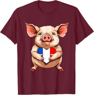 Flag of France Pig French Heart Pride French Roots , Black, S T-Shirt - T-Shirt | Maroon