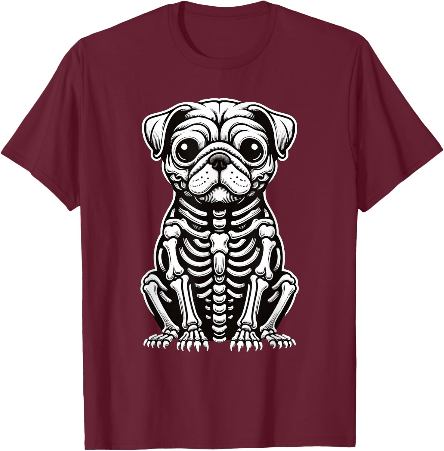 Dog Pug Skeleton Halloween T-Shirt - T-Shirt | Maroon