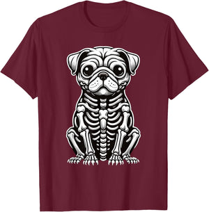 Dog Pug Skeleton Halloween T-Shirt - T-Shirt | Maroon