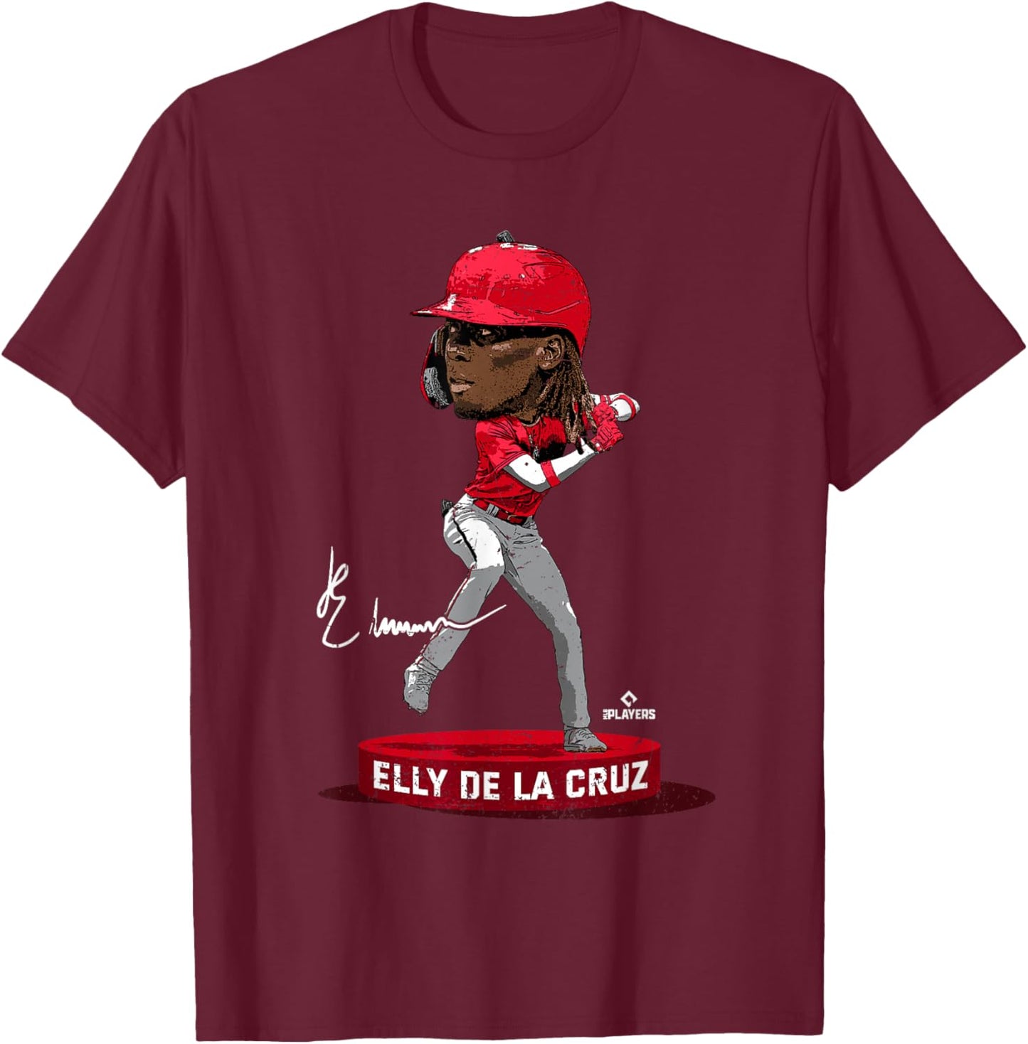 Bobblehead Elly De La Cruz Cincinnati MLBPA T-Shirt - T-Shirt | Maroon