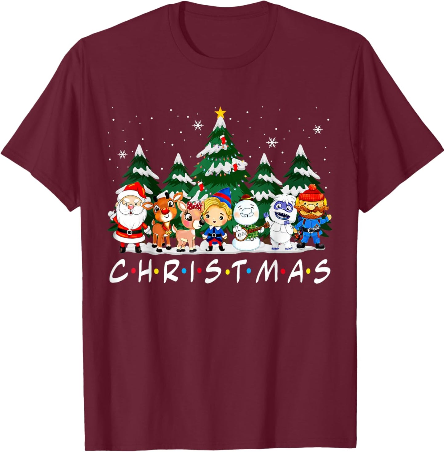 Friends Christmas Santa Rudolph Snowman Family Pajama Xmas T-Shirt - T-Shirt | Maroon