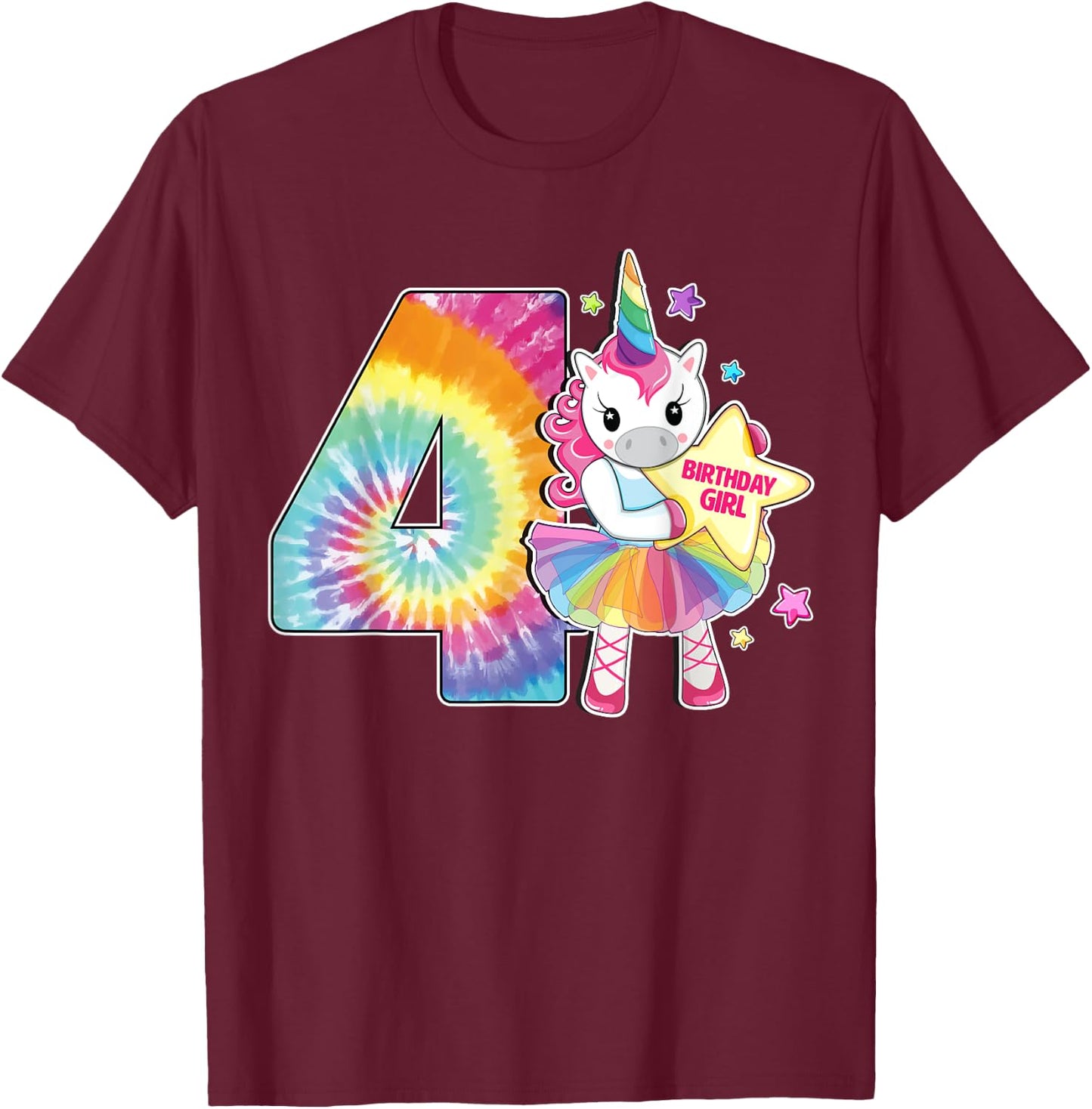 4th Birthday Unicorn Shirt Gift Girls Age 4 Tie Dye T-Shirt - T-Shirt | Maroon