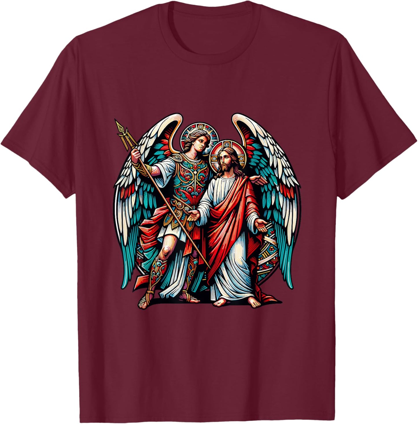 Jesus Christ and Archangel Raphael T-Shirt - T-Shirt | Maroon